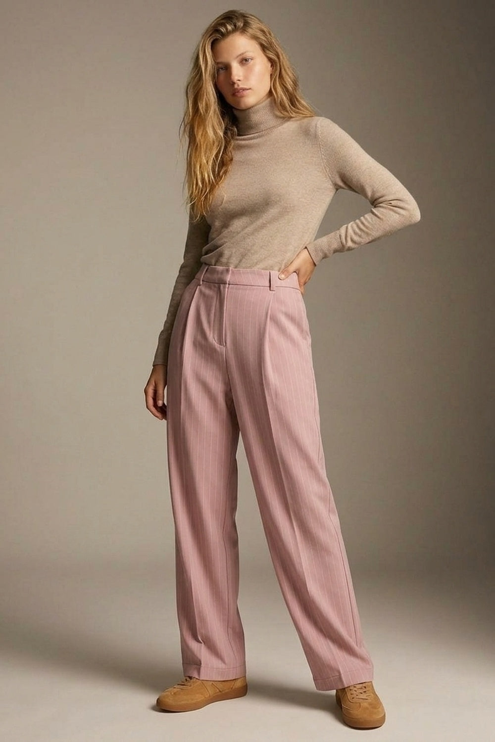 stripe Lightweight Woven Pleated Wide Leg Pants in pink - trousers