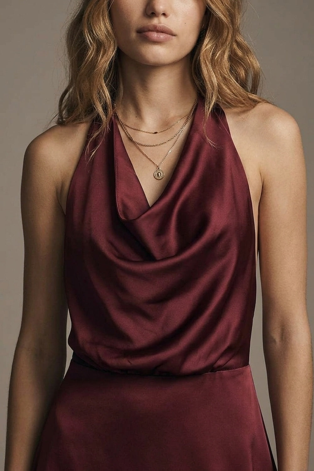 Burgundy Satin Cowl Neck Halter A-Line Mini Dress with open back - dress
