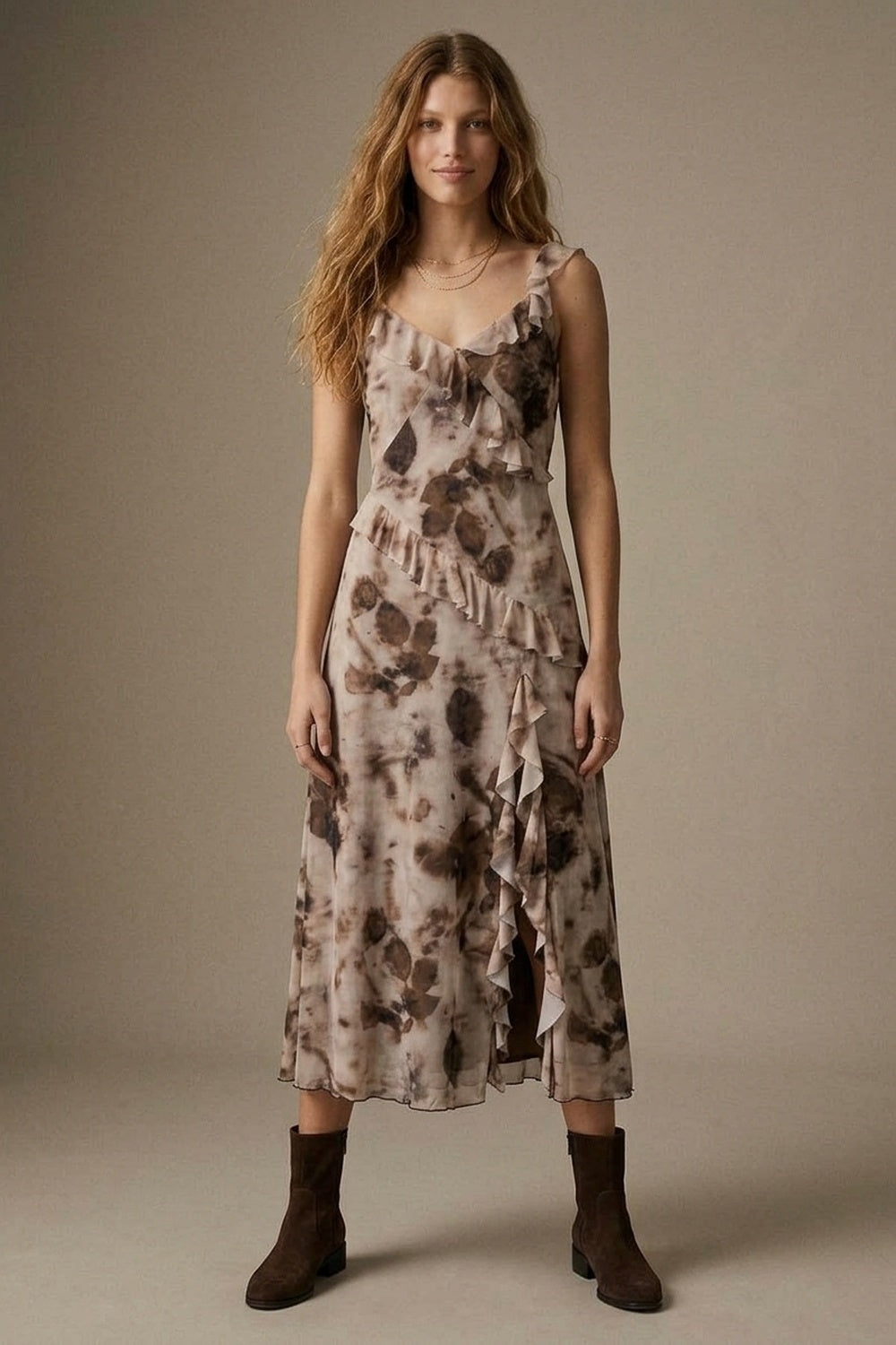 Beige Abstract Floral Chiffon Ruffle Trim V Neck Maxi Dress - dress