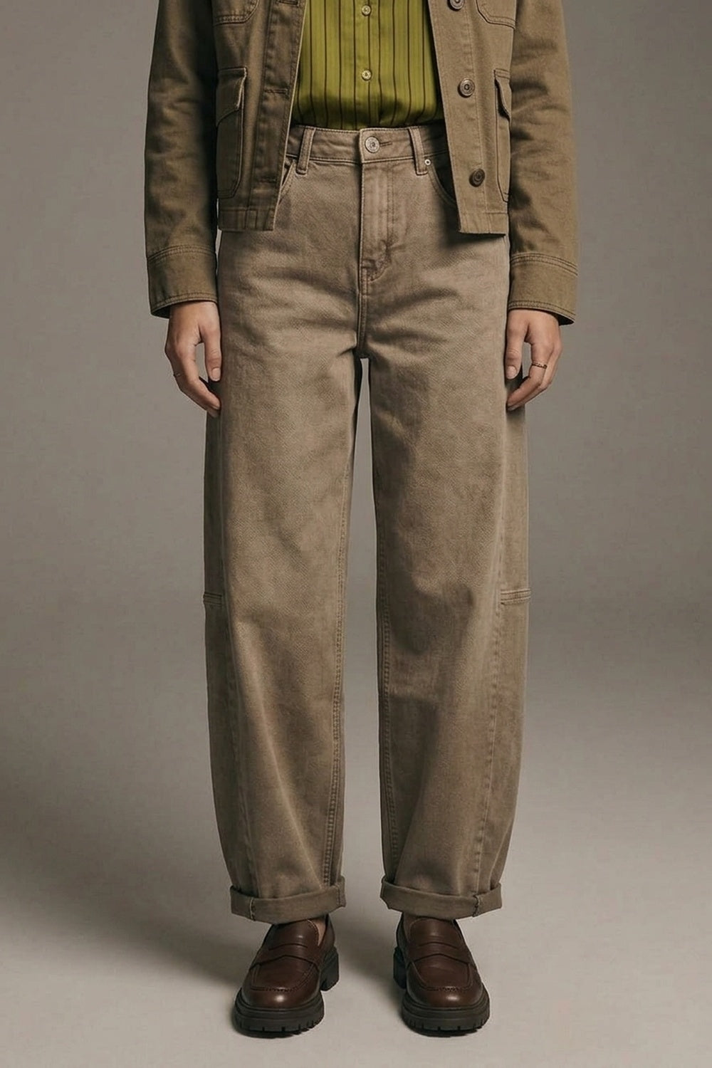 Camel Wide-Leg Casual Twill Pants in Barrel Style - Coloured Jeans