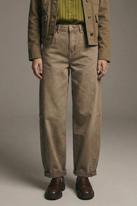 Camel Wide-Leg Casual Twill Pants in Barrel Style - Coloured Jeans