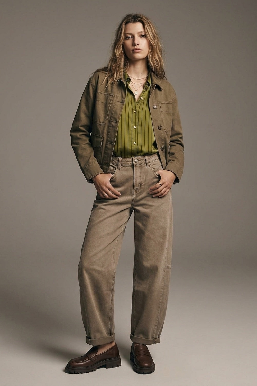 Camel Wide-Leg Casual Twill Pants in Barrel Style - Coloured Jeans