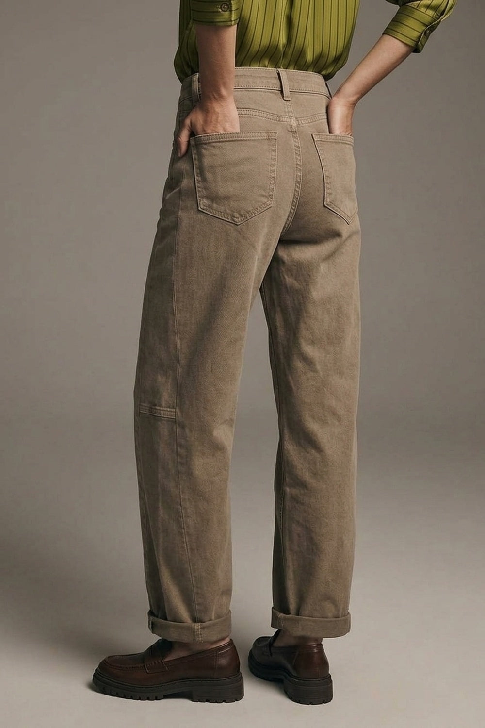 Camel Wide-Leg Casual Twill Pants in Barrel Style - Coloured Jeans