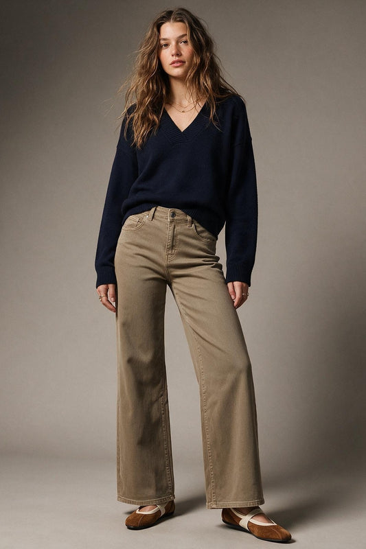 dark beige Wide Leg pants in Stretch Denim - Coloured Jeans