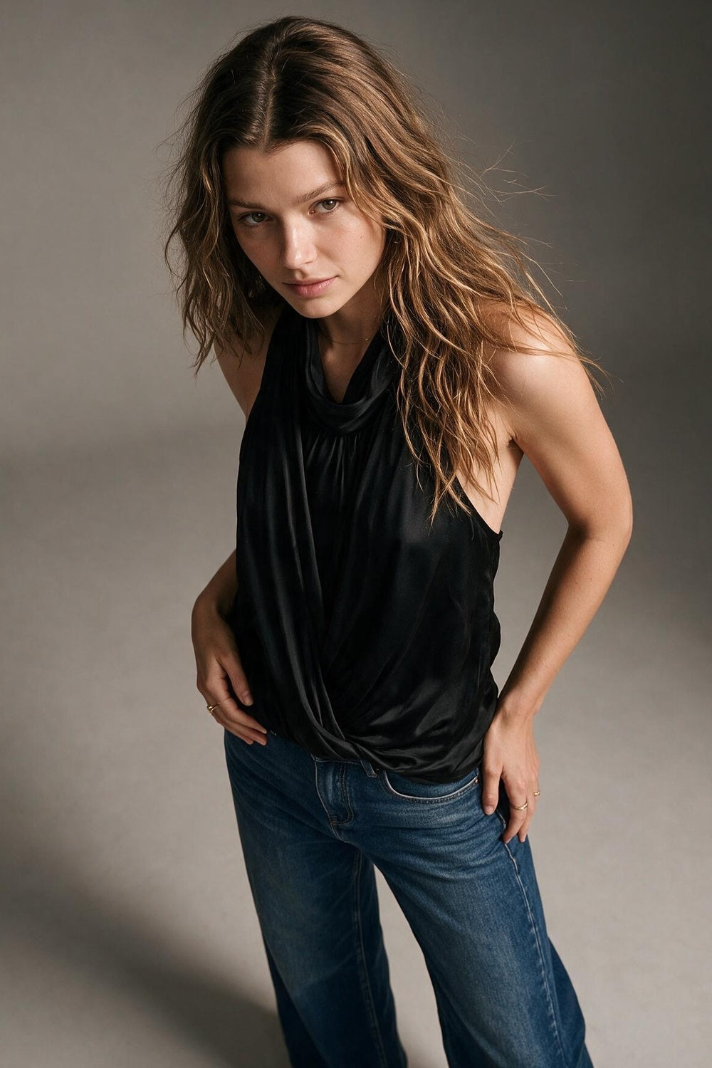 Black Satin Draped Halter Neck Sleeveless Blouse Top - top