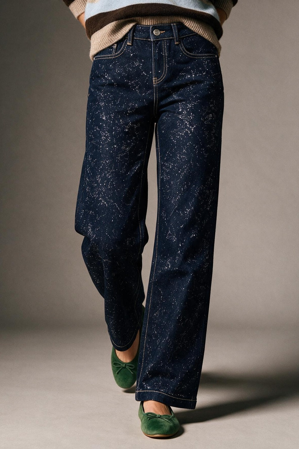 Dark Blue Wide Leg Jeans with glitter on the front - Jeans
