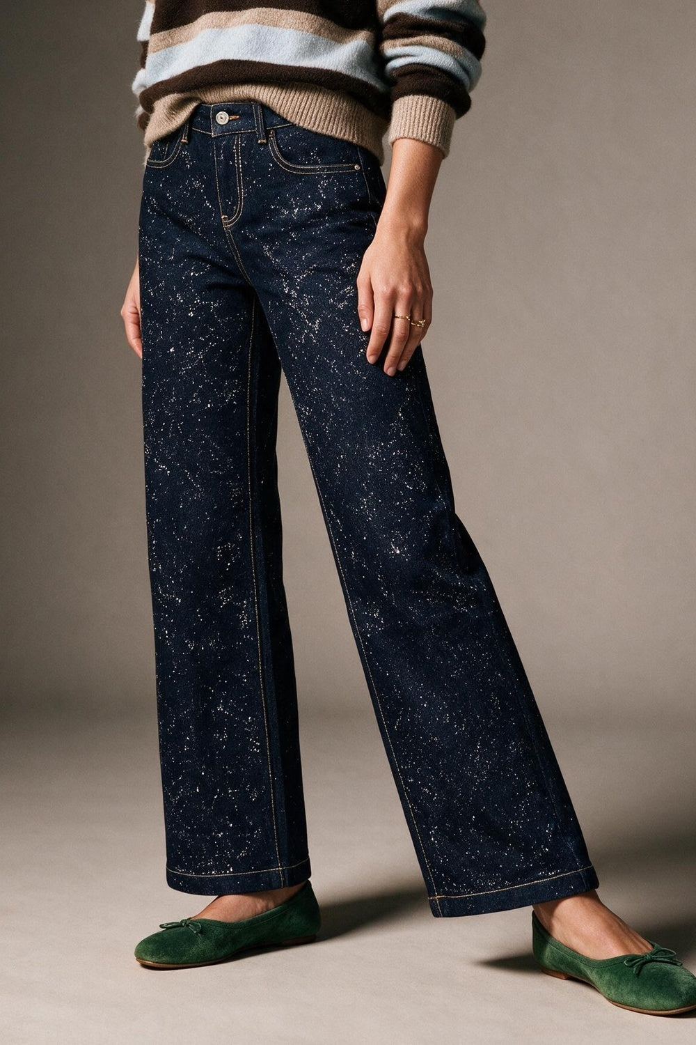 Dark Blue Wide Leg Jeans with glitter on the front - Jeans