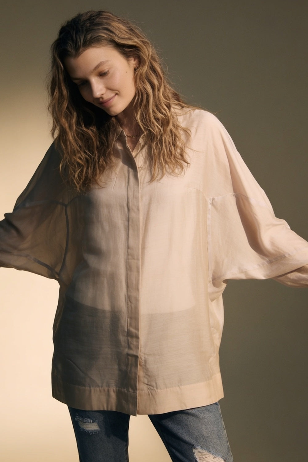 Beige oversized fit Shirt in translucent fabric with wide sleeves - Shirts