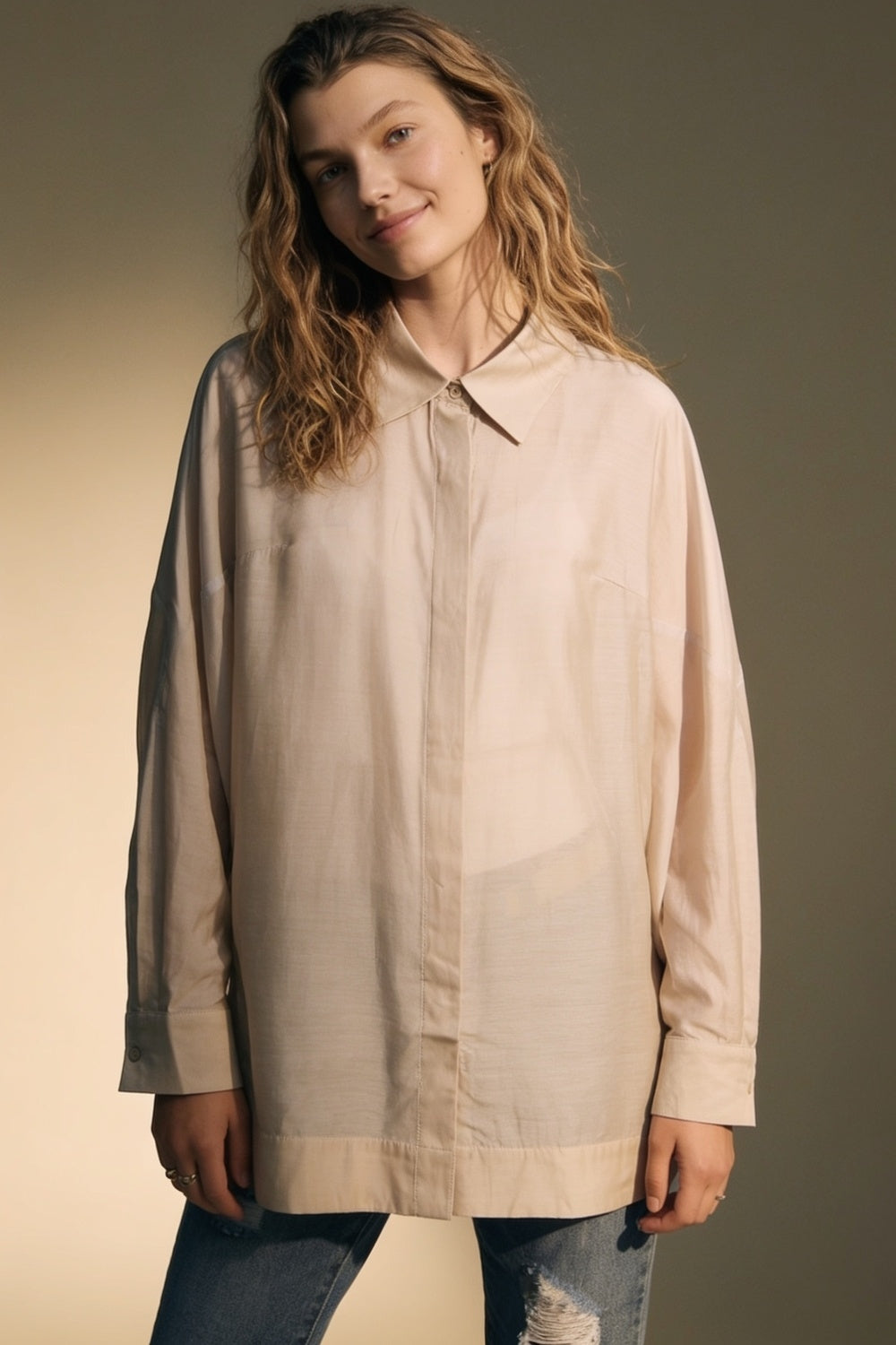 Beige oversized fit Shirt in translucent fabric with wide sleeves - Shirts