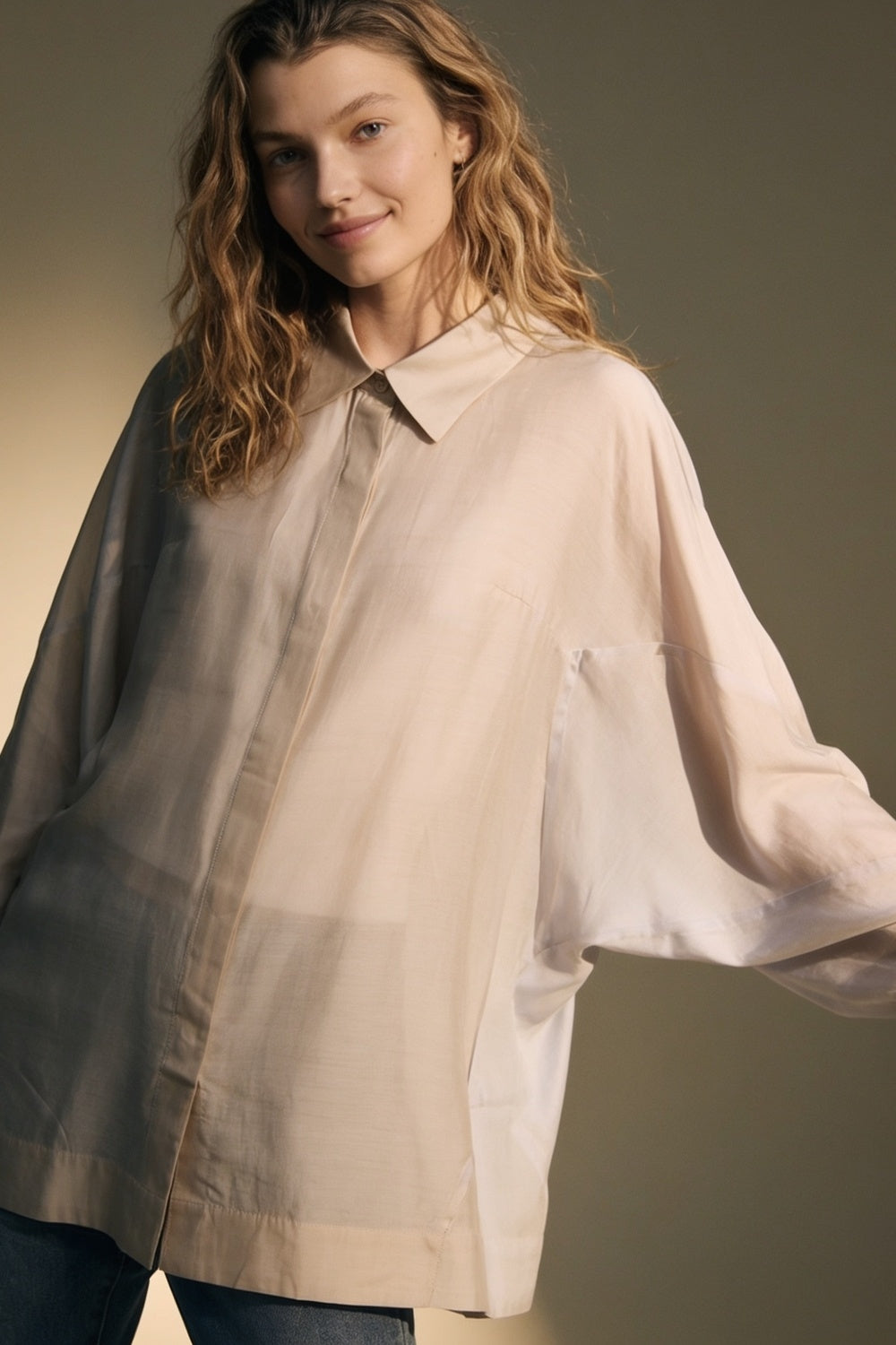 Beige oversized fit Shirt in translucent fabric with wide sleeves - Shirts