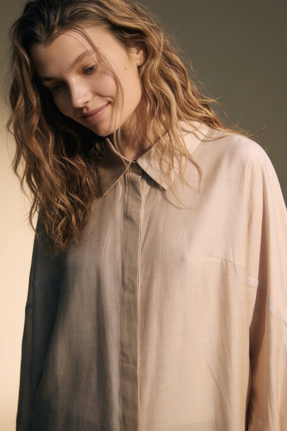 Beige oversized fit Shirt in translucent fabric with wide sleeves - Shirts