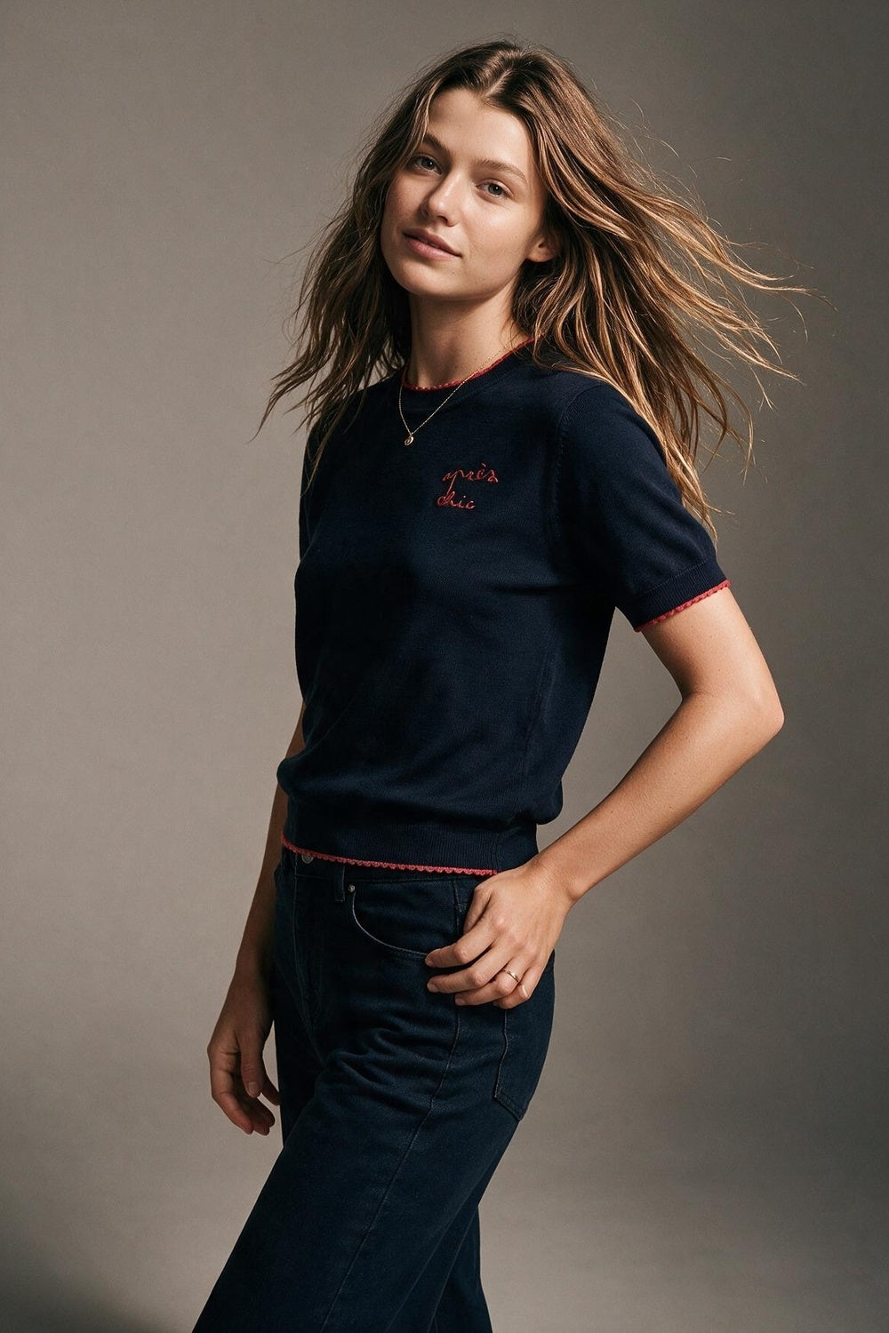Navy Fine Knit Embroidered Short Sleeve sweater with red Trim - jumper