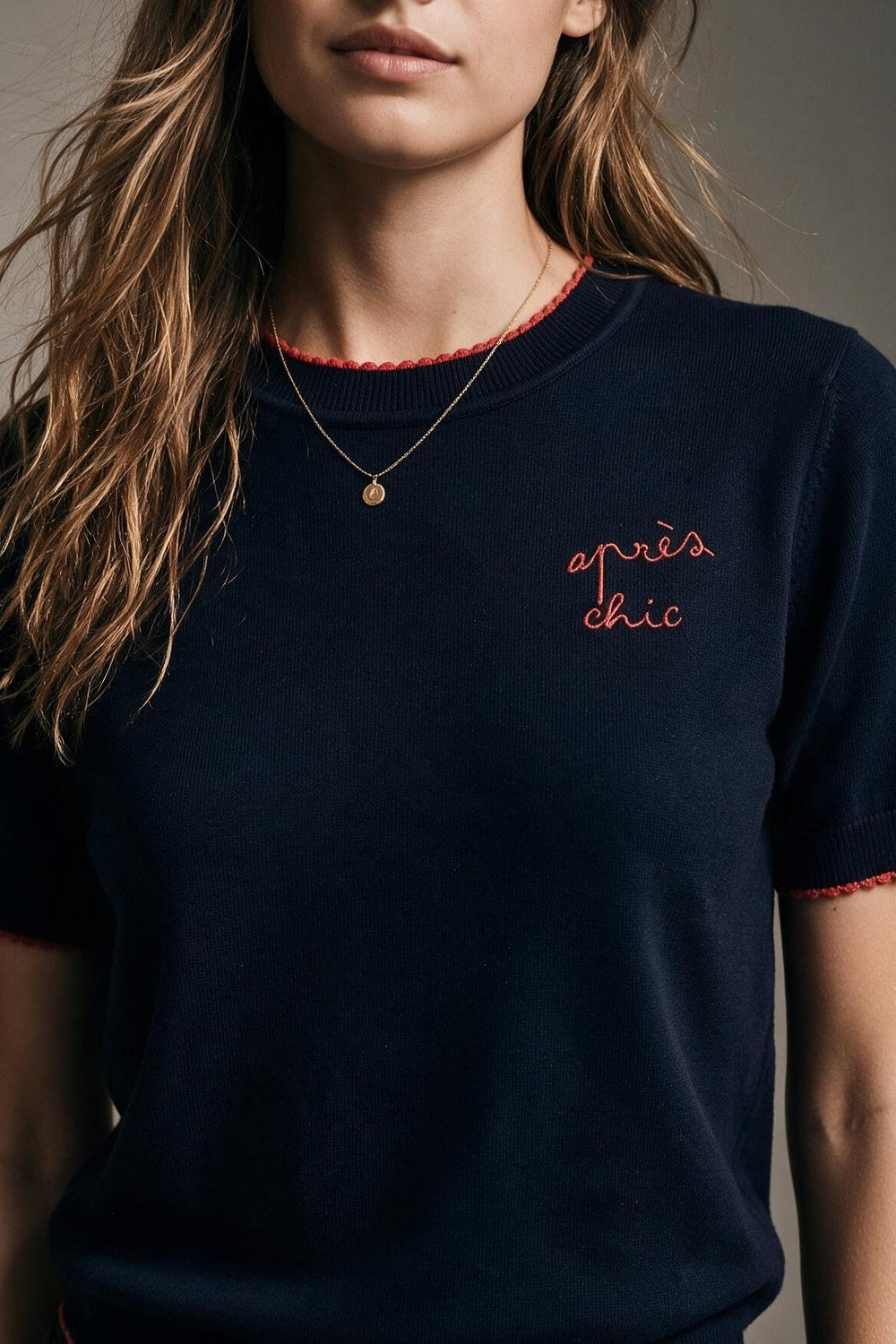 Navy Fine Knit Embroidered Short Sleeve sweater with red Trim - jumper