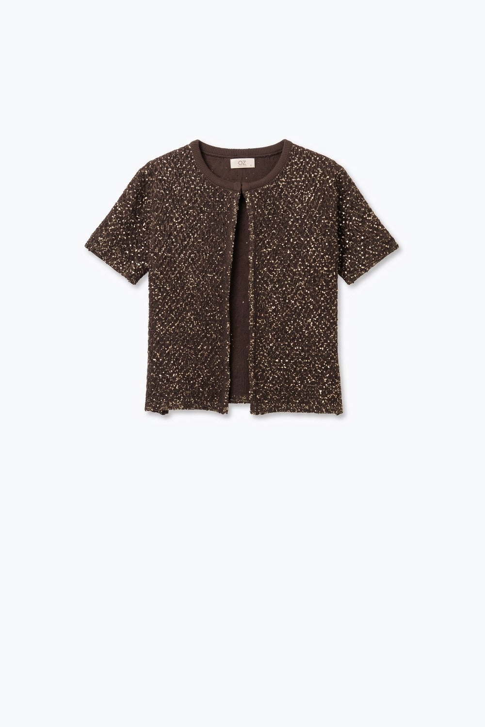 Brown Sequined Soft Knit Ribbed Trim Short Sleeve Cardigan - cardigan