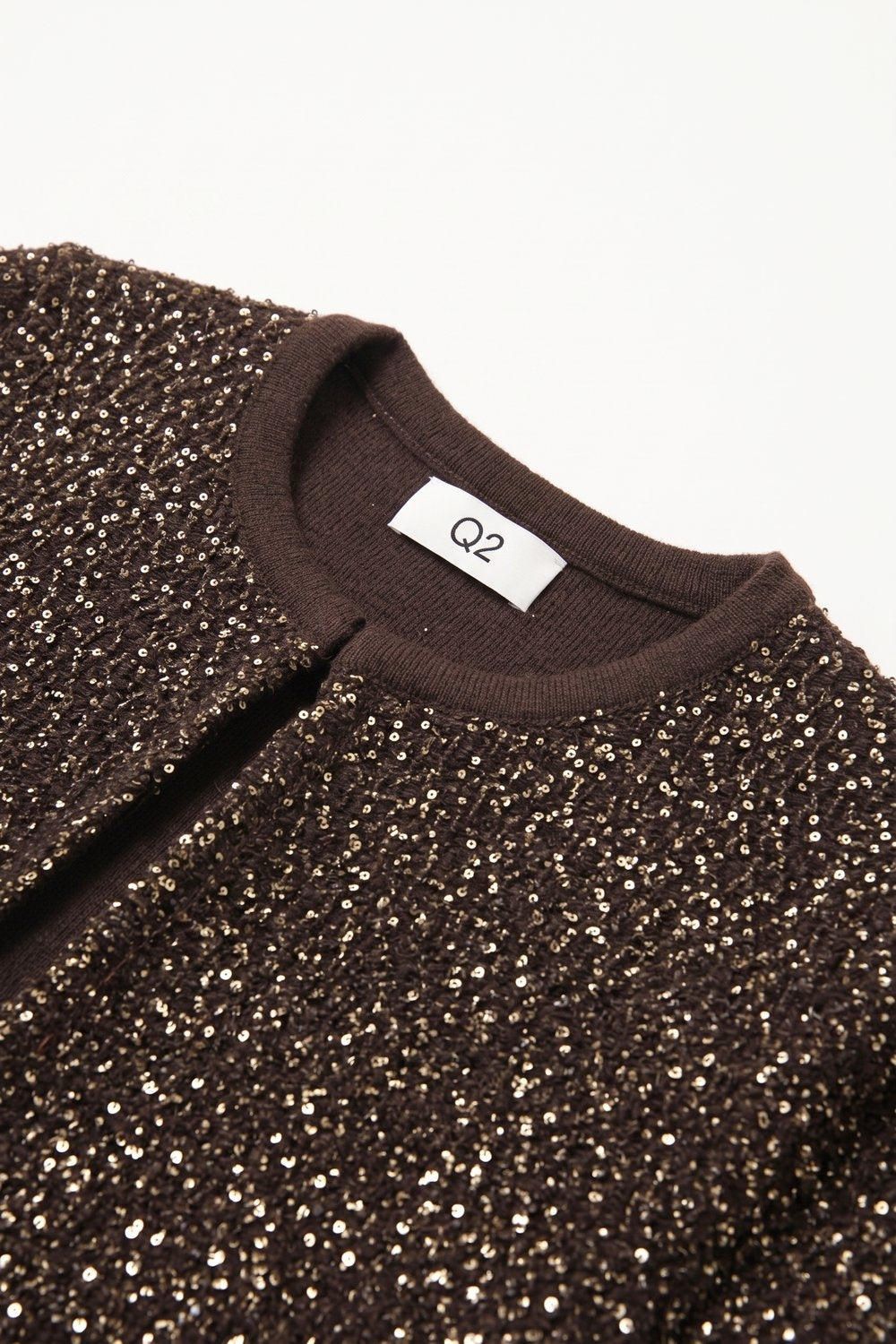 Brown Sequined Soft Knit Ribbed Trim Short Sleeve Cardigan - cardigan