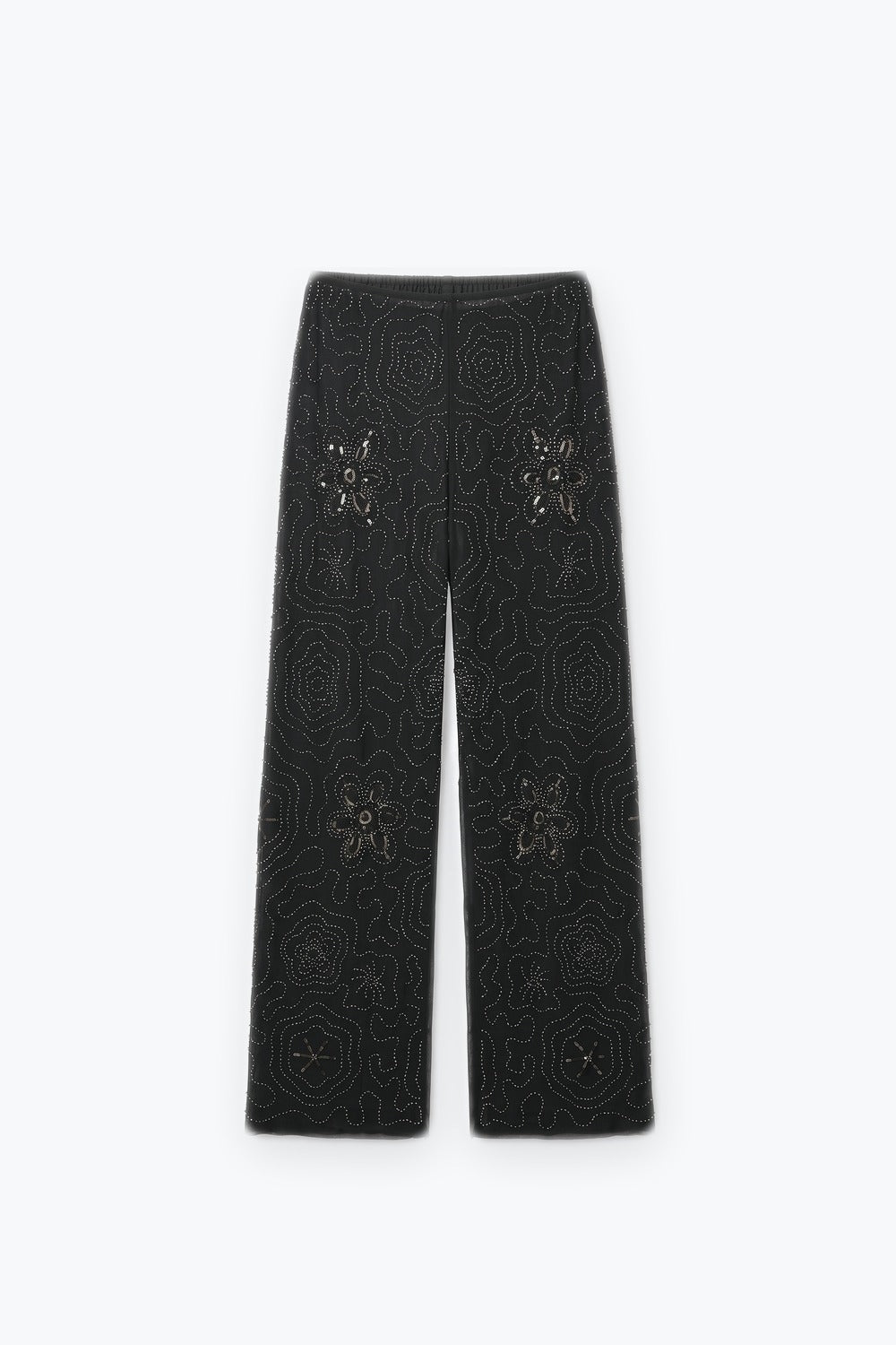 Black Floral Beaded Sheer Mesh Wide Leg Pants and sequins - trousers