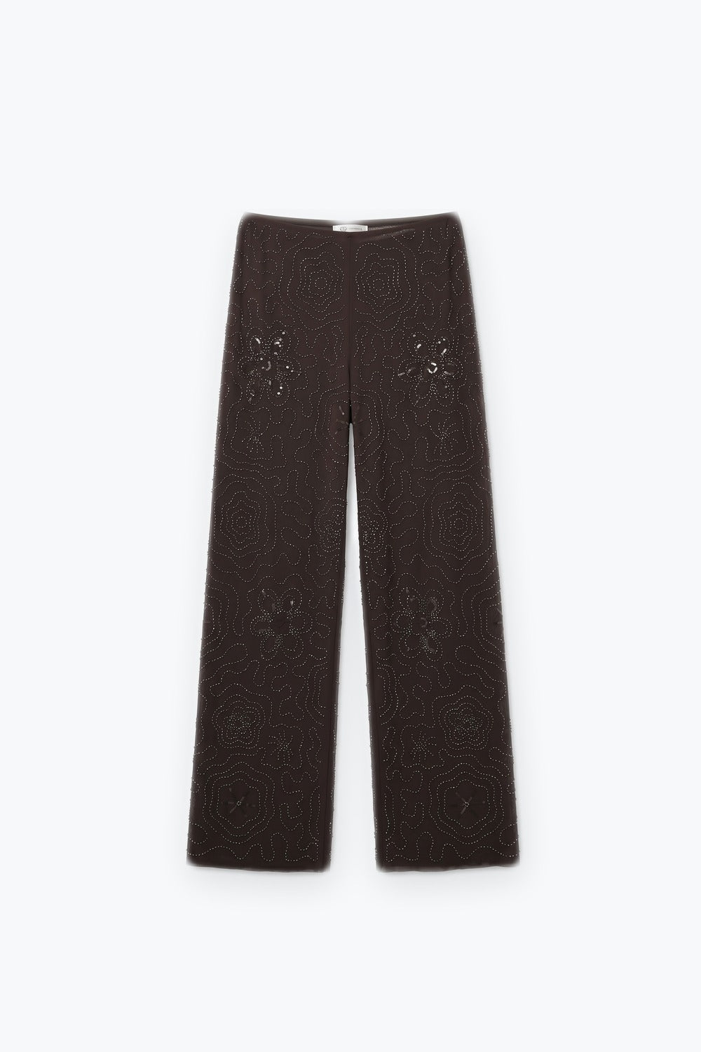 Brown Sequined Beaded Floral Woven Wide Leg Pants - trousers
