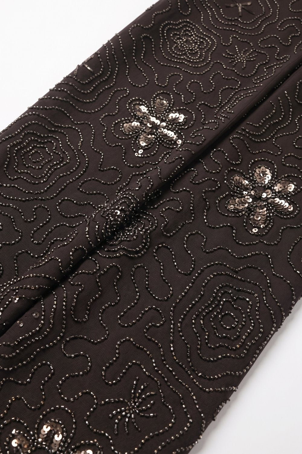 Brown Sequined Beaded Floral Woven Wide Leg Pants - trousers