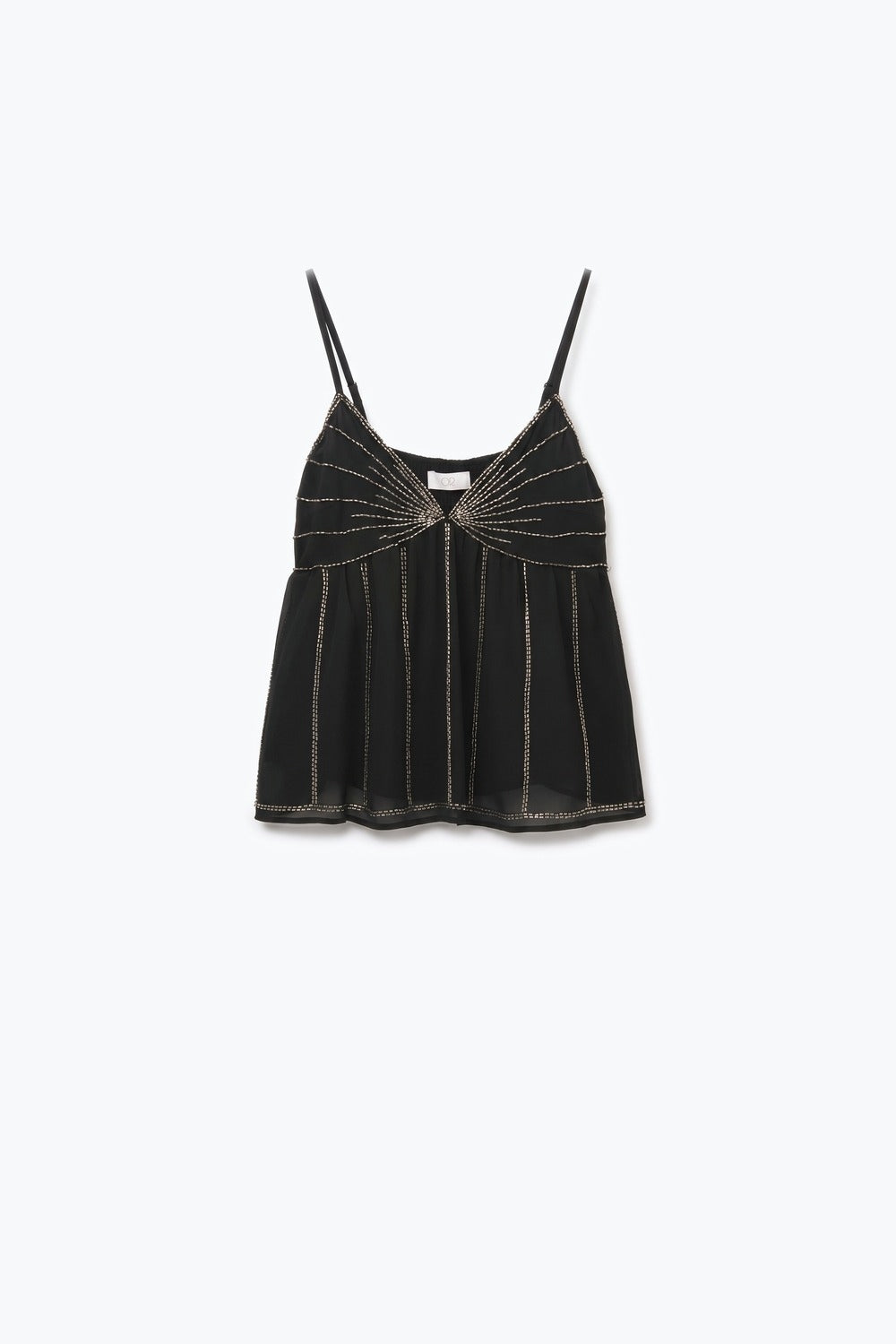 Black Beaded Stripe Chiffon Spaghetti Strap Babydoll Cami Top - top