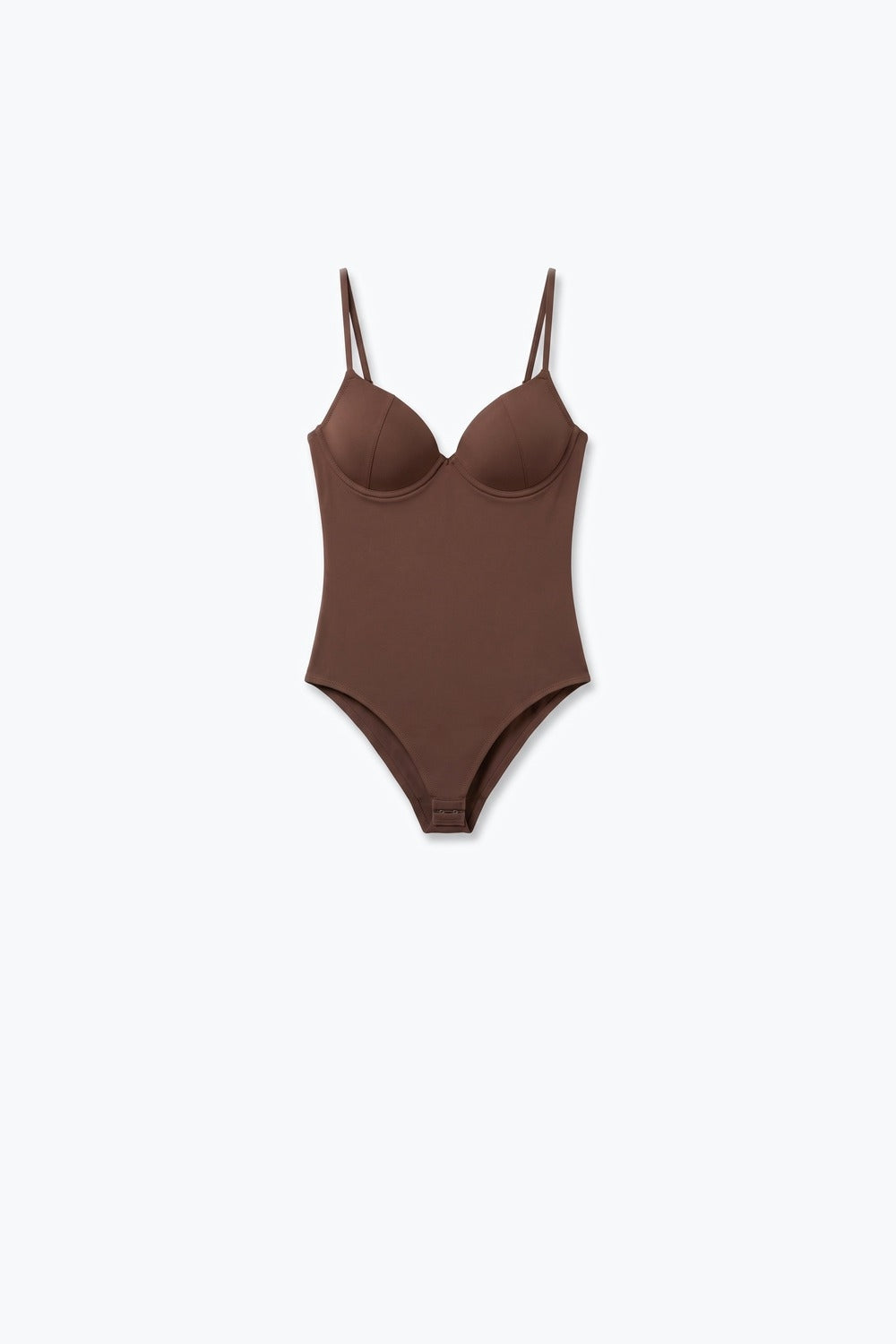 Brown Stretch Jersey Underwire Cup Fixed Strap Bodysuit - top