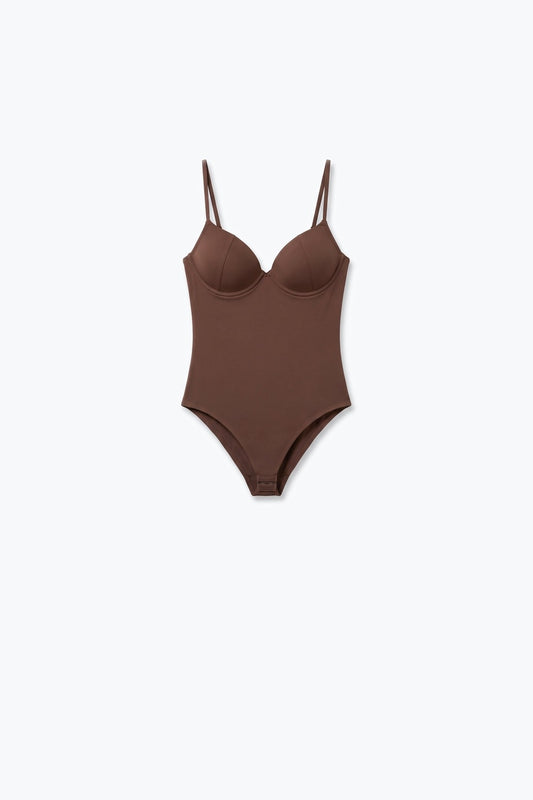 Brown Stretch Jersey Underwire Cup Fixed Strap Bodysuit - top
