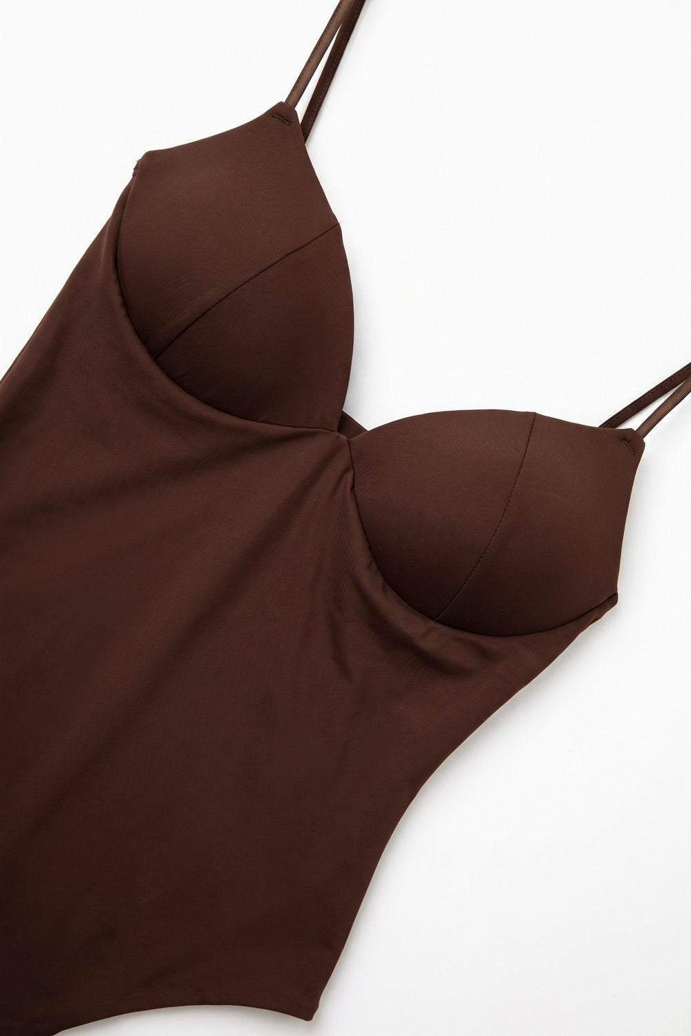 Brown Stretch Jersey Underwire Cup Fixed Strap Bodysuit - top