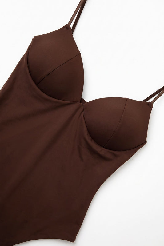 Brown Stretch Jersey Underwire Cup Fixed Strap Bodysuit - top