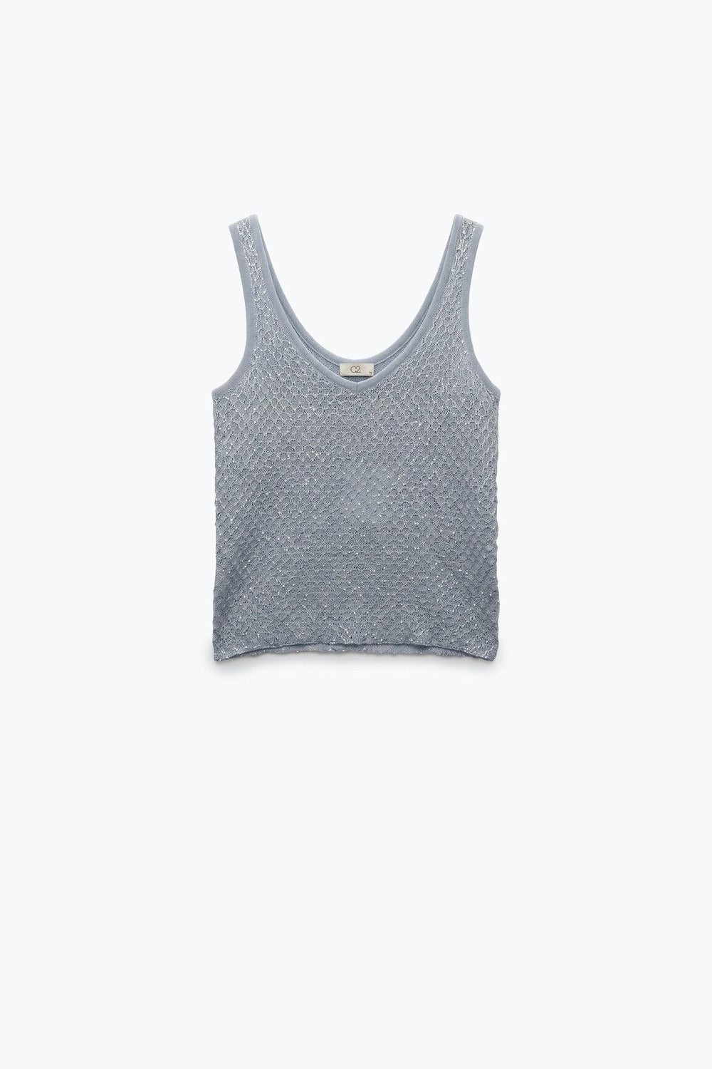 Light Blue Sequined knitted Crochet V Neck Cropped Tank Top - top