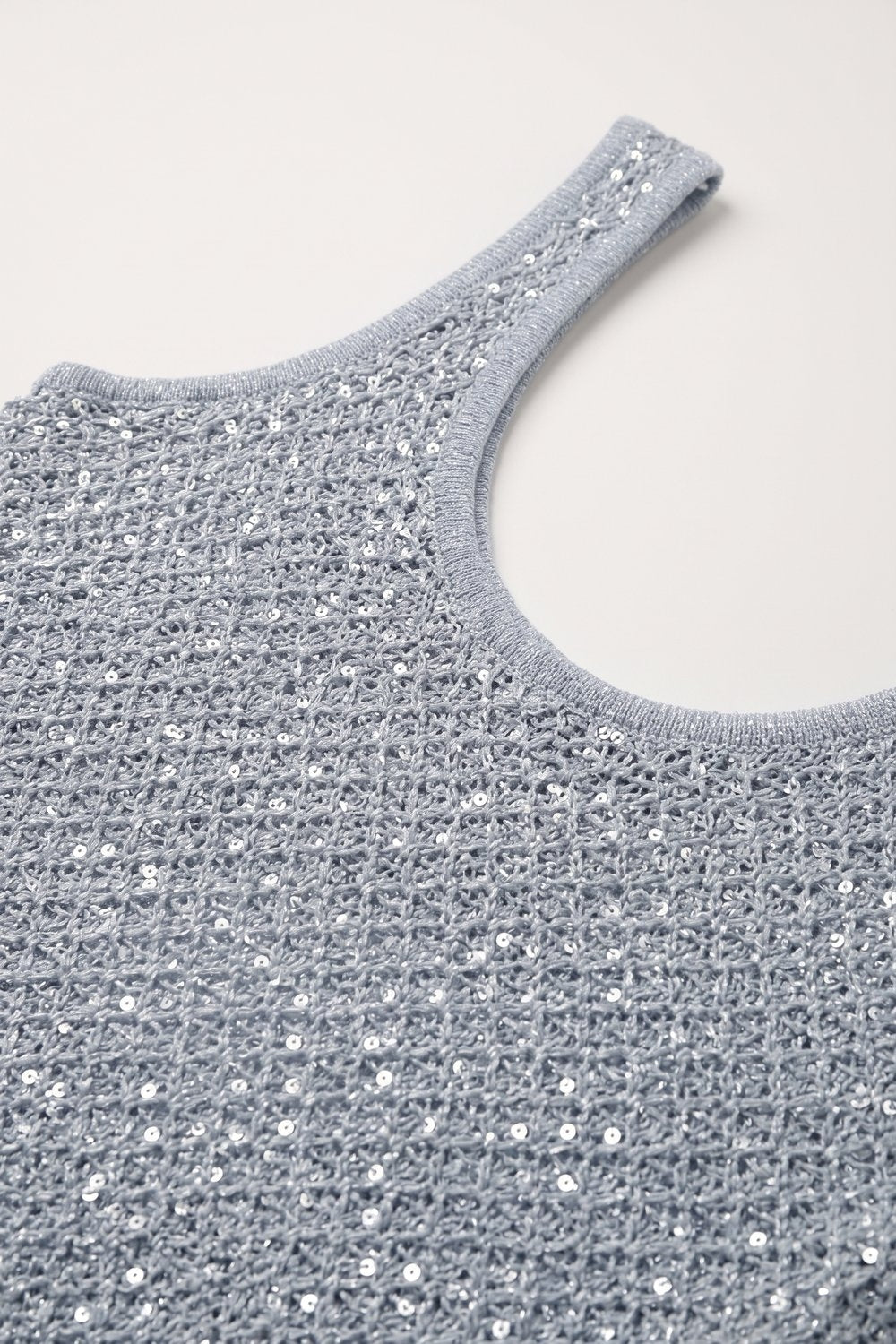 Light Blue Sequined knitted Crochet V Neck Cropped Tank Top - top