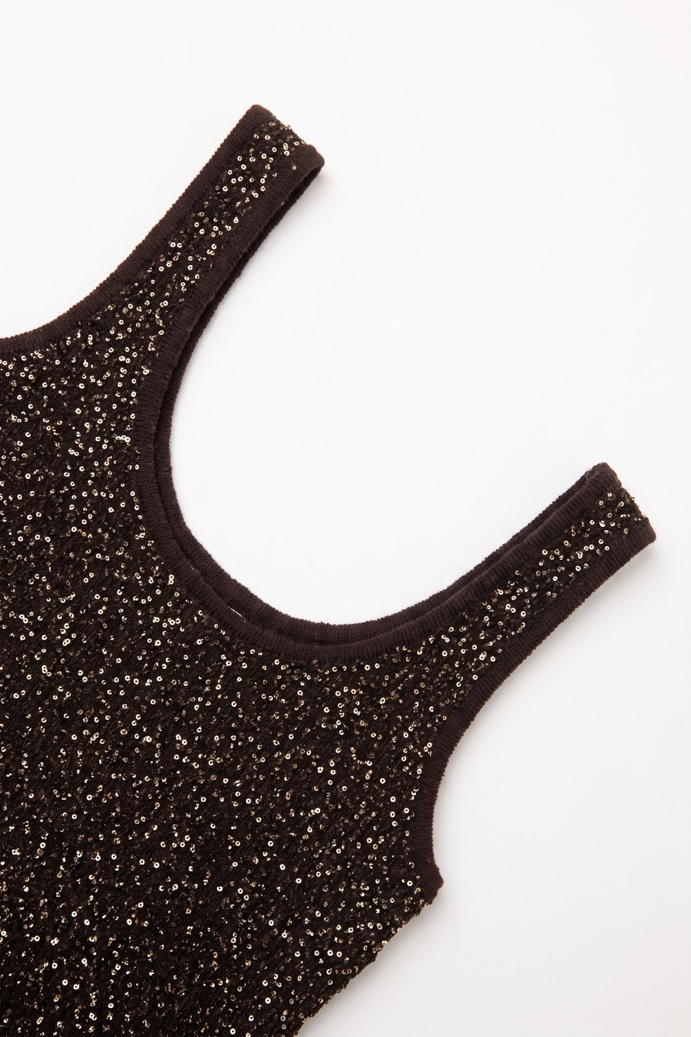 Brown Sequined knitted Scoop Neck Sleeveless Tank Top - top