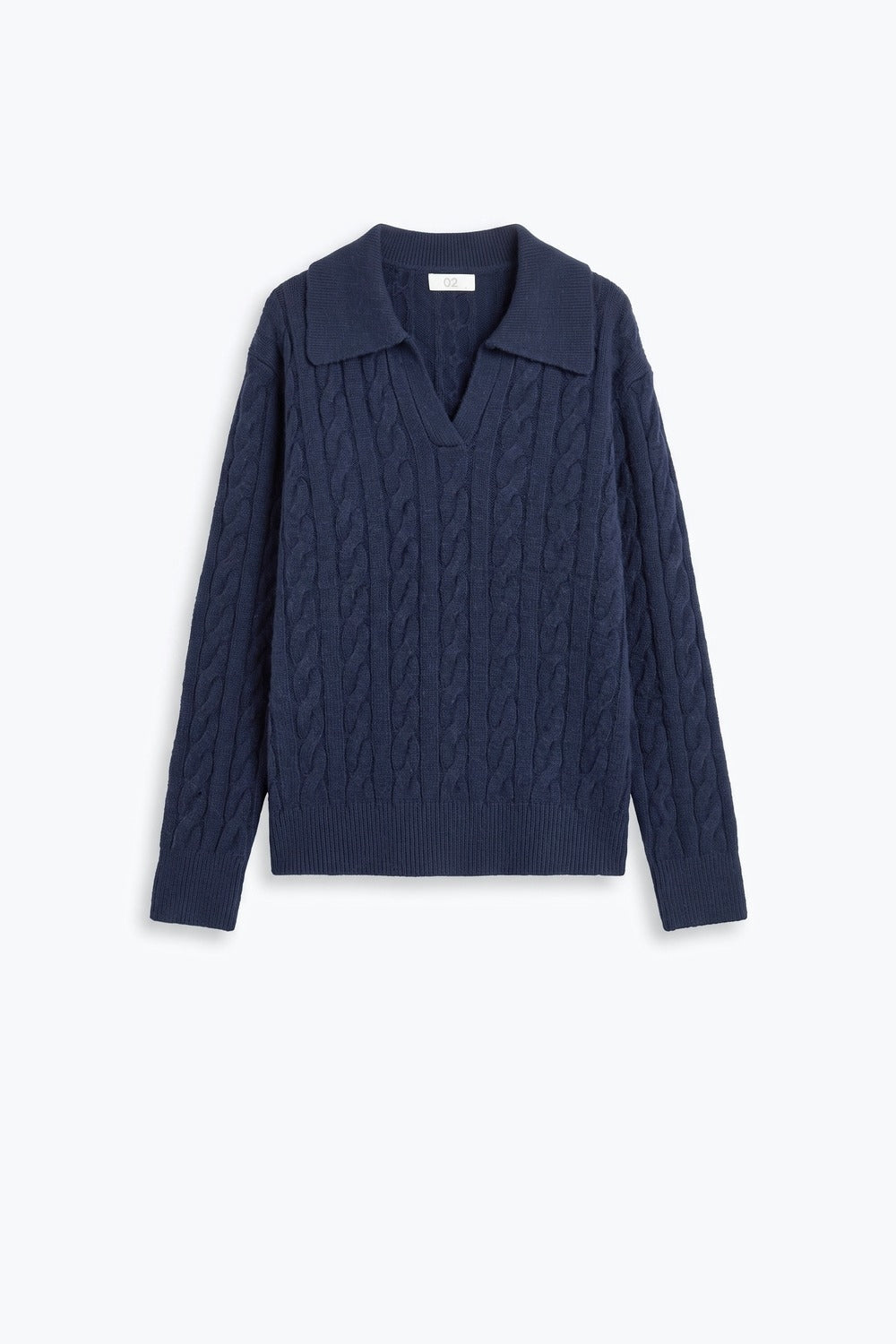 Navy Cable fluffy Knit Polo Collar V-Neck Sweater - jumper