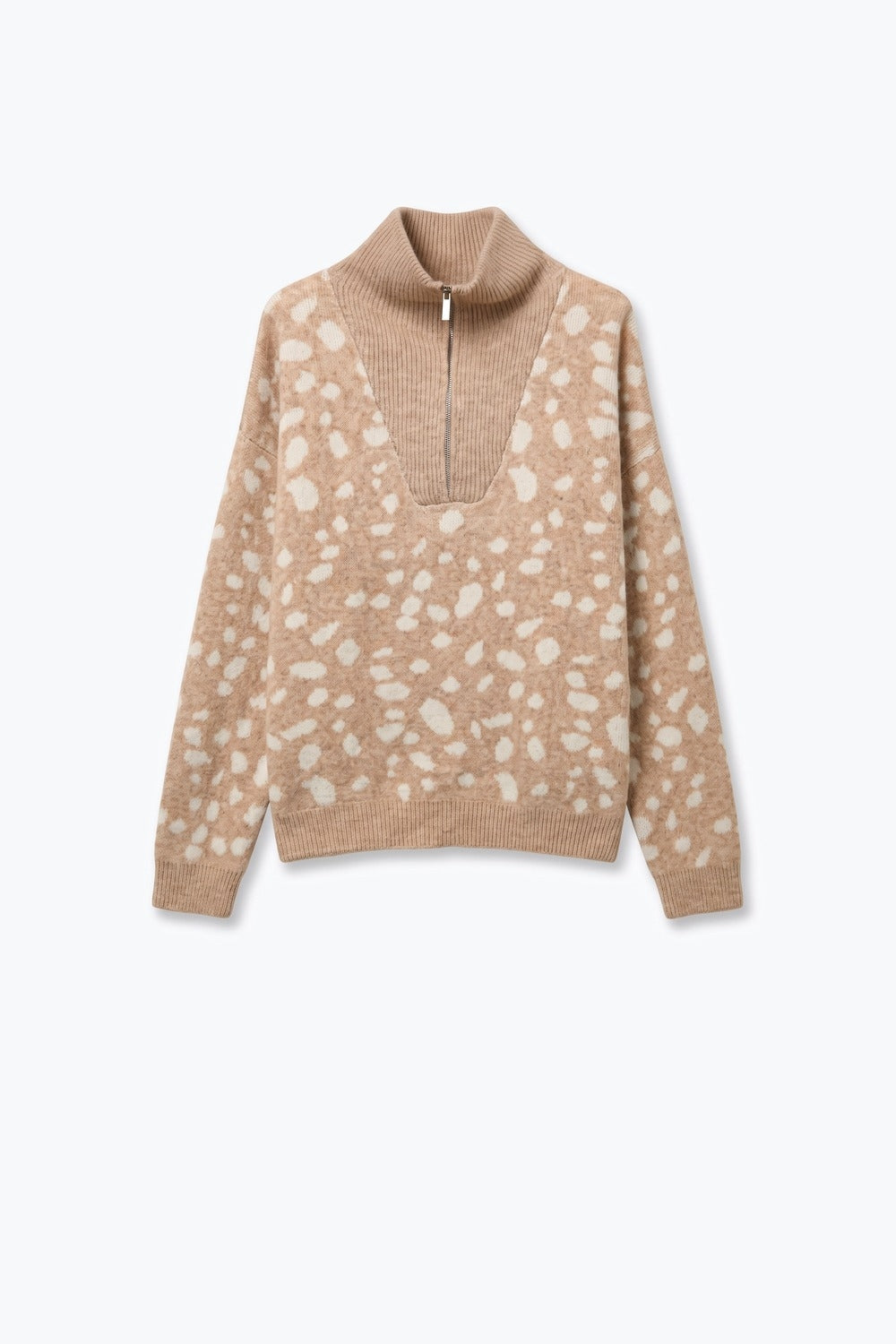 Beige Spotted Animal Print Soft fluffy Knit Half Zip Sweater - jumper