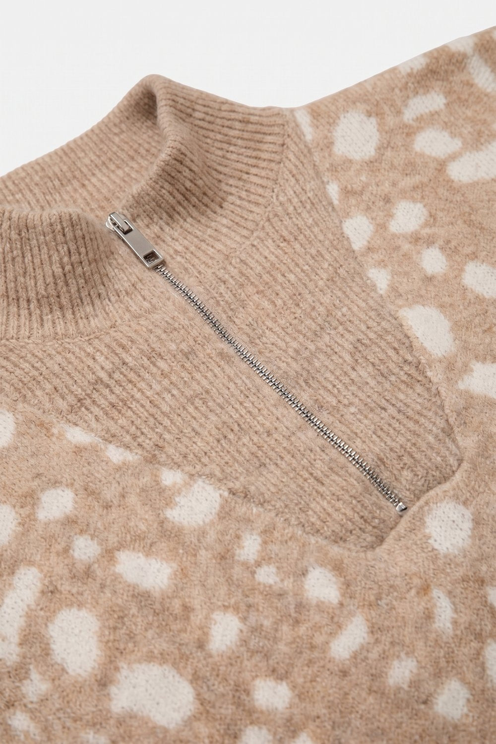 Beige Spotted Animal Print Soft fluffy Knit Half Zip Sweater - jumper