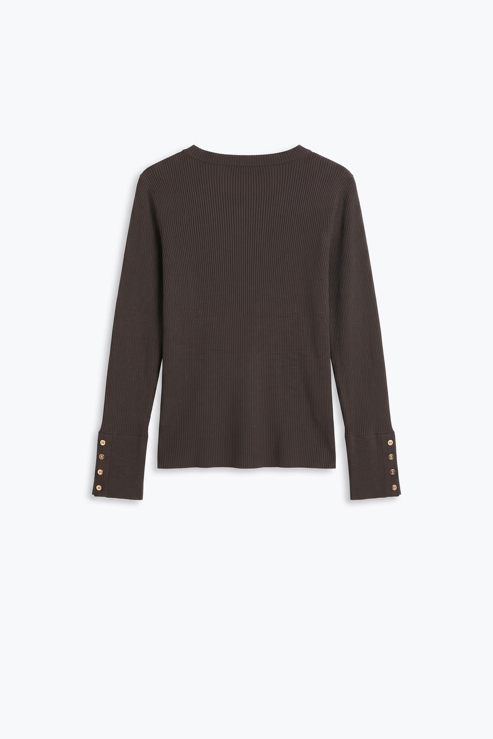 Brown Ribbed Knit Crew Neck Button Cuff Sweater - jumper