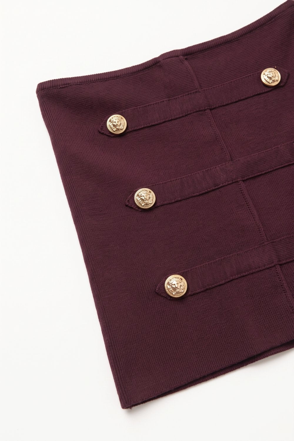 Burgundy Ribbed Knit Gold Button Strapless Tube Top - top