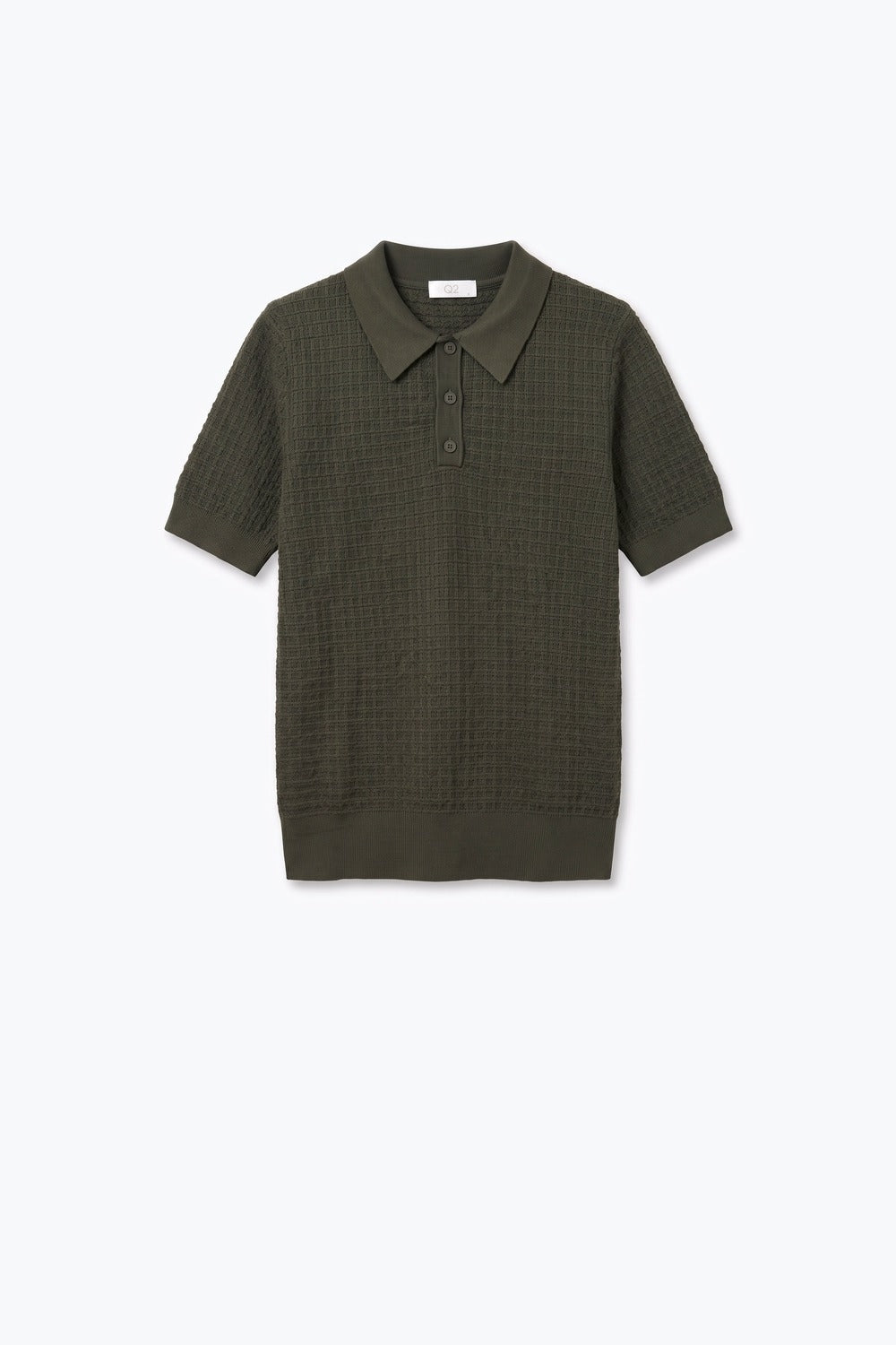 Olive Waffle Knit Button Placket Short Sleeve Polo - jumper