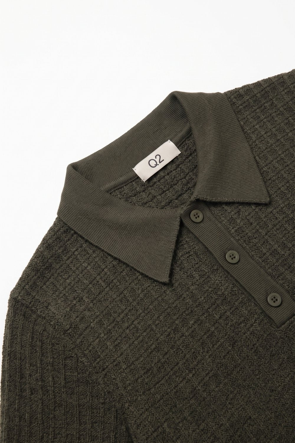 Olive Waffle Knit Button Placket Short Sleeve Polo - jumper