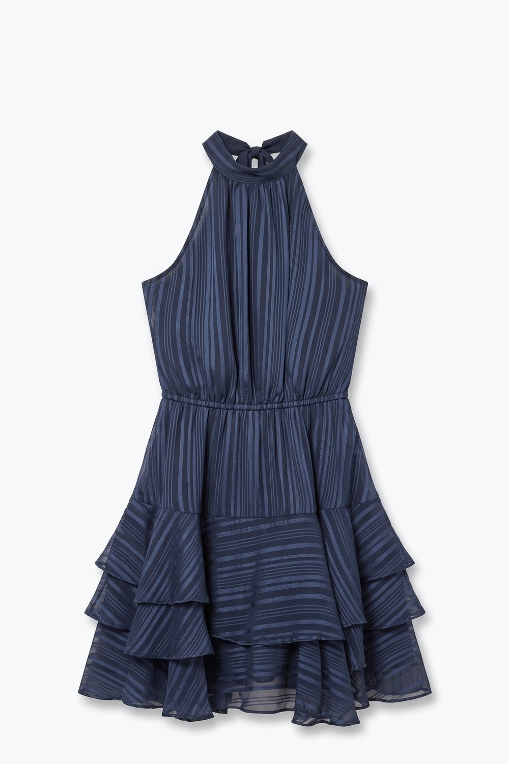 Navy Stripe Satin Halter Neck Open Back Tiered Mini Dress - dress