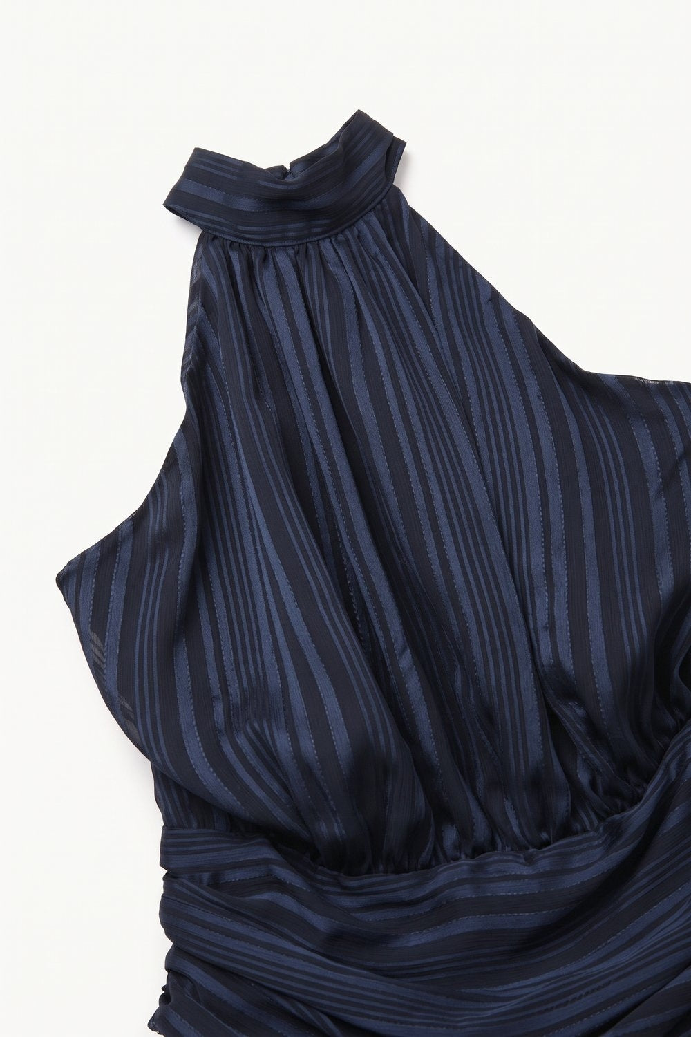 Navy Stripe Satin Halter Neck Open Back Tiered Mini Dress - dress