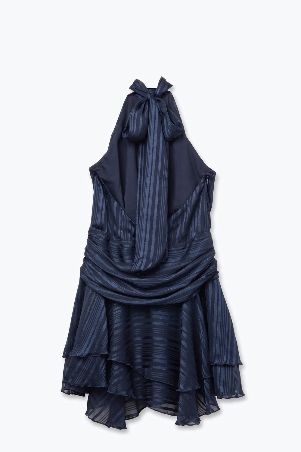 Navy Stripe Satin Halter Neck Open Back Tiered Mini Dress - dress