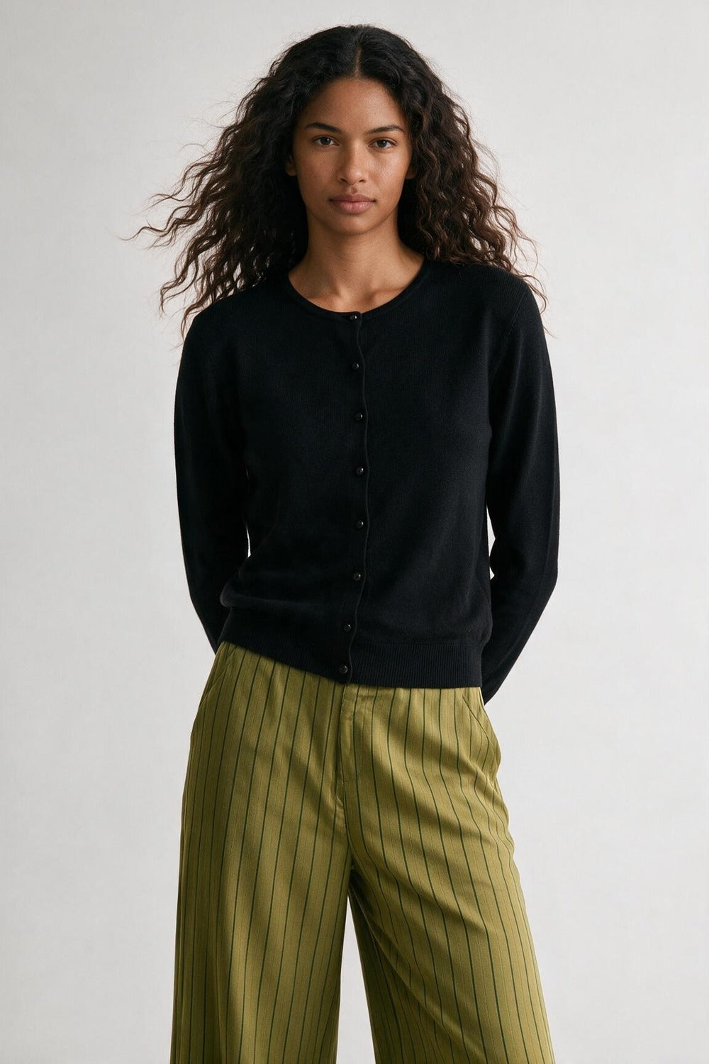 Black soft Knit Crew Neck Button Front Regular Fit Cardigan - Cardigans