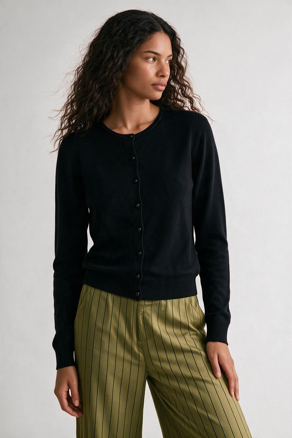 Black soft Knit Crew Neck Button Front Regular Fit Cardigan - Cardigans