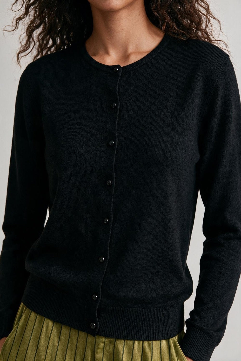 Black soft Knit Crew Neck Button Front Regular Fit Cardigan - Cardigans