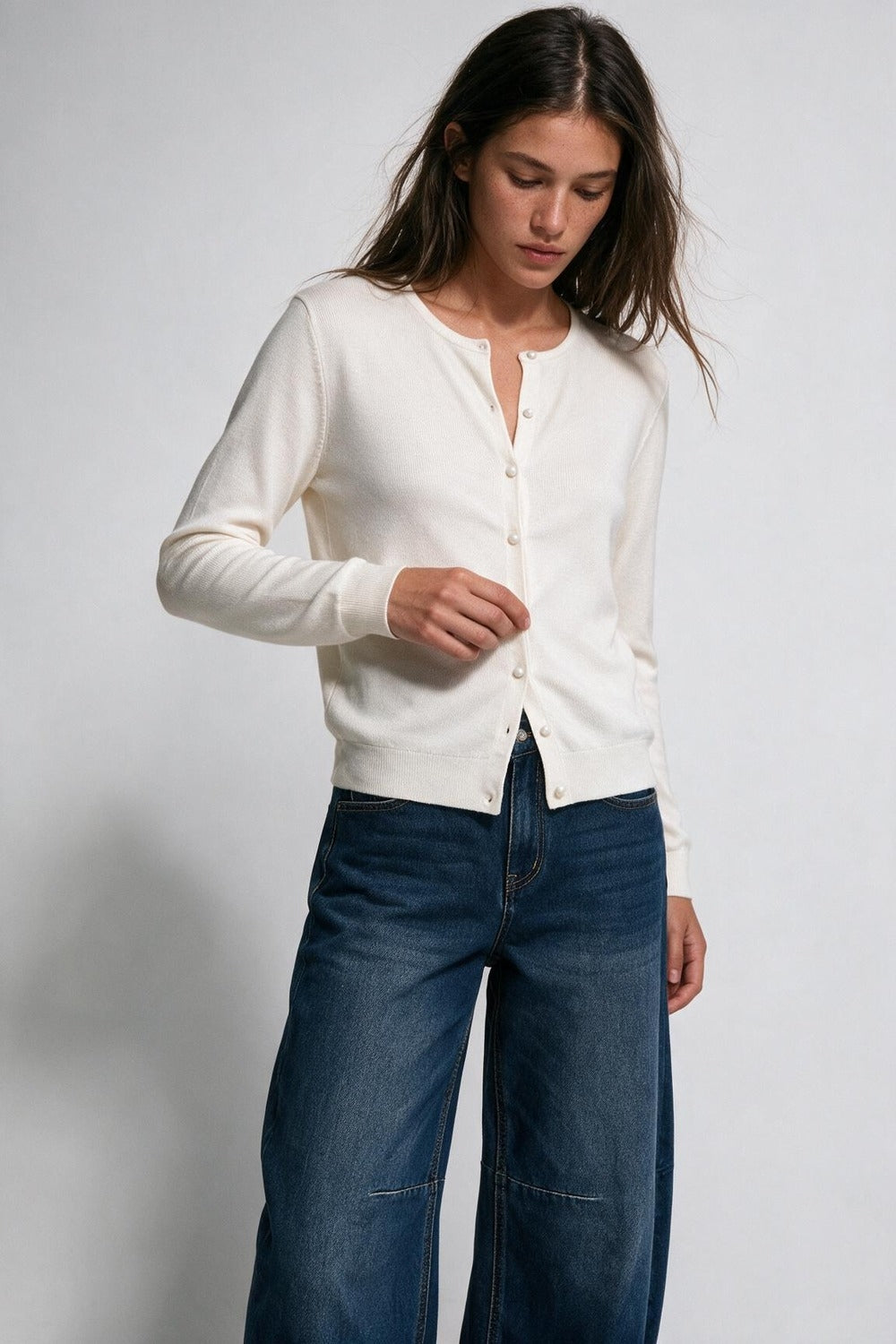 beige soft Knit Button Front Crew Neck Cardigan