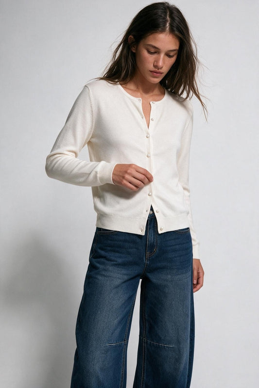 beige soft Knit Button Front Crew Neck Cardigan - Cardigans