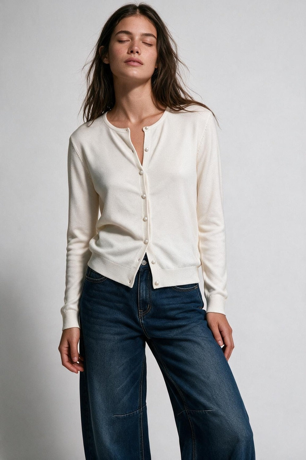 beige soft Knit Button Front Crew Neck Cardigan - Cardigans