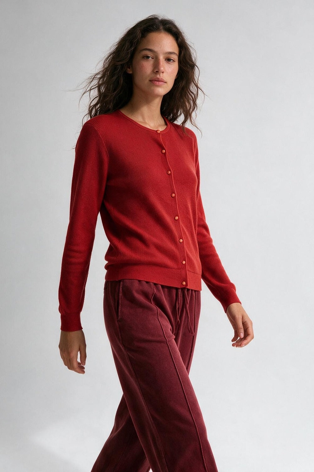 Red soft Knit Button Front Crew Neck Regular Fit Cardigan - Cardigans