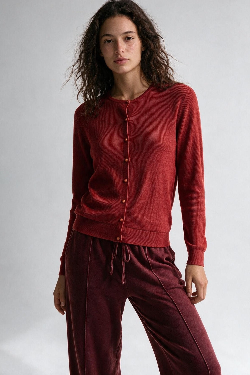 Red soft Knit Button Front Crew Neck Regular Fit Cardigan - Cardigans