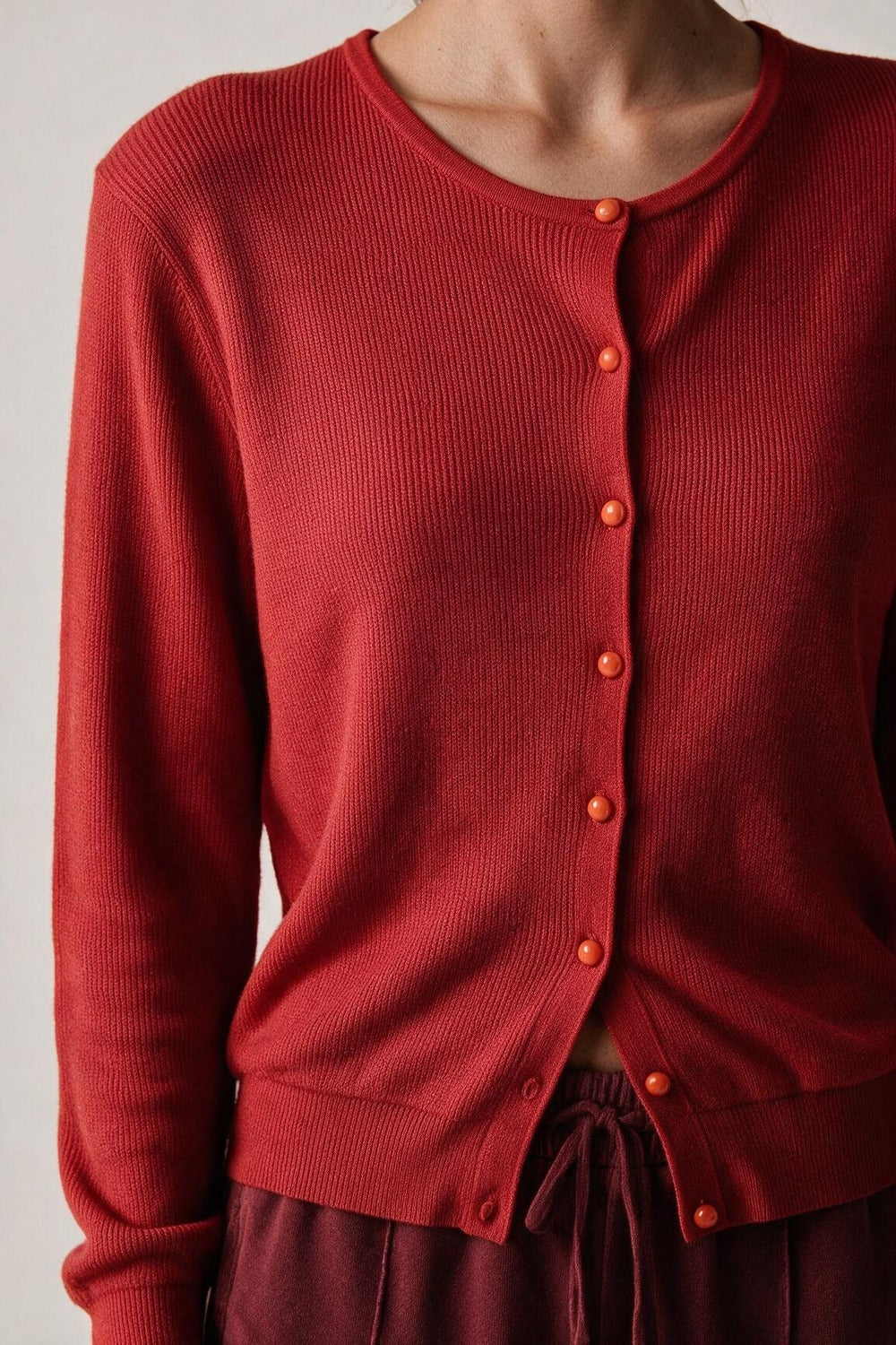 Red soft Knit Button Front Crew Neck Regular Fit Cardigan - Cardigans