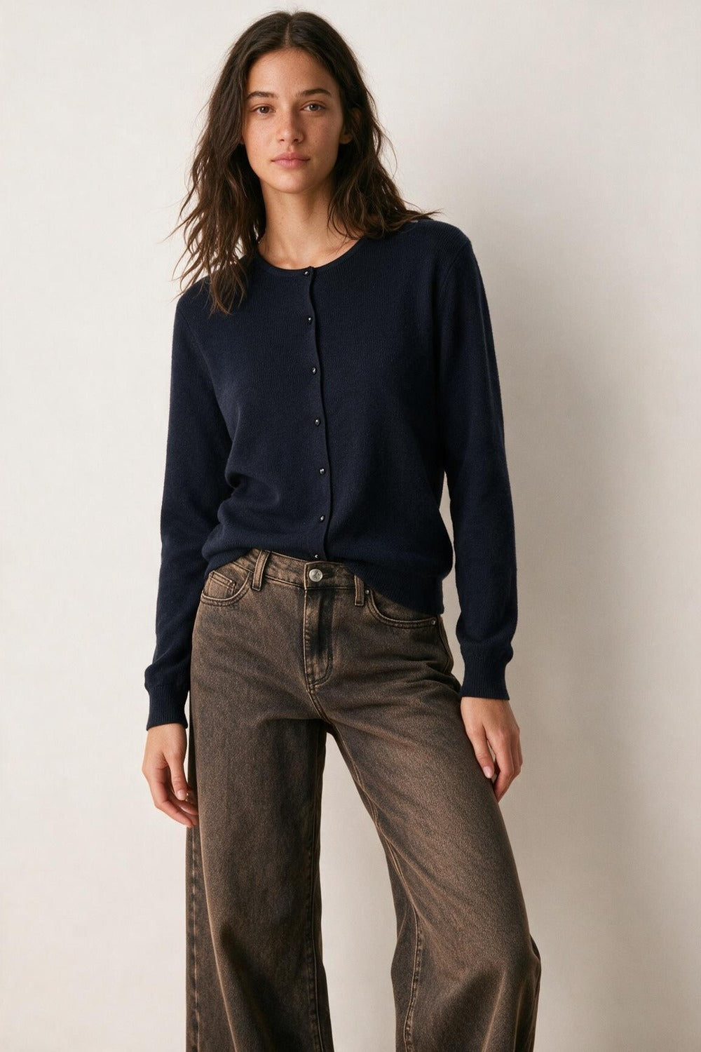 Navy soft Knit Crew Neck Button Front Cardigan - Cardigans